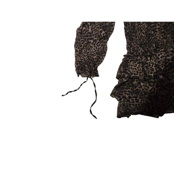 Olivaceous Leopard Print Ruffle Mini Dress Smocked Boho Black Brown Size Small - Picture 5 of 7